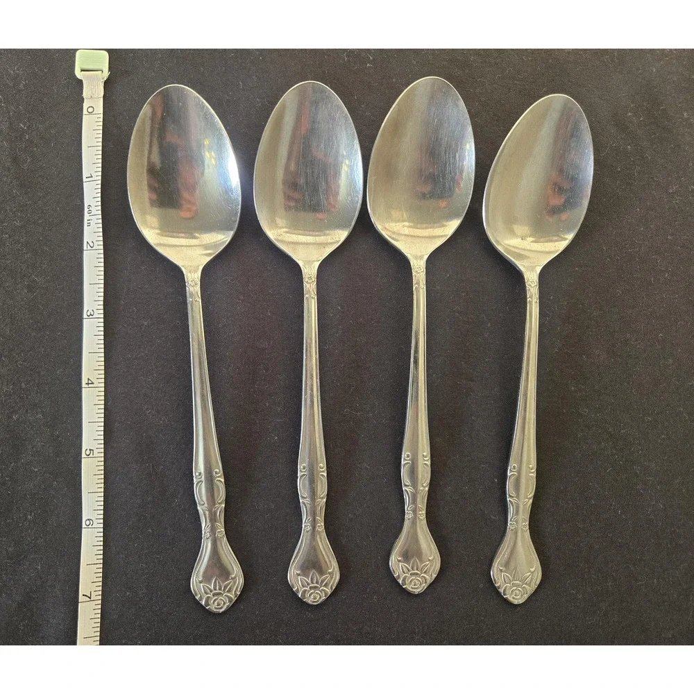 4 Vintage National Stainless Norma Rose Daisy Motif Tablespoons 7.5
